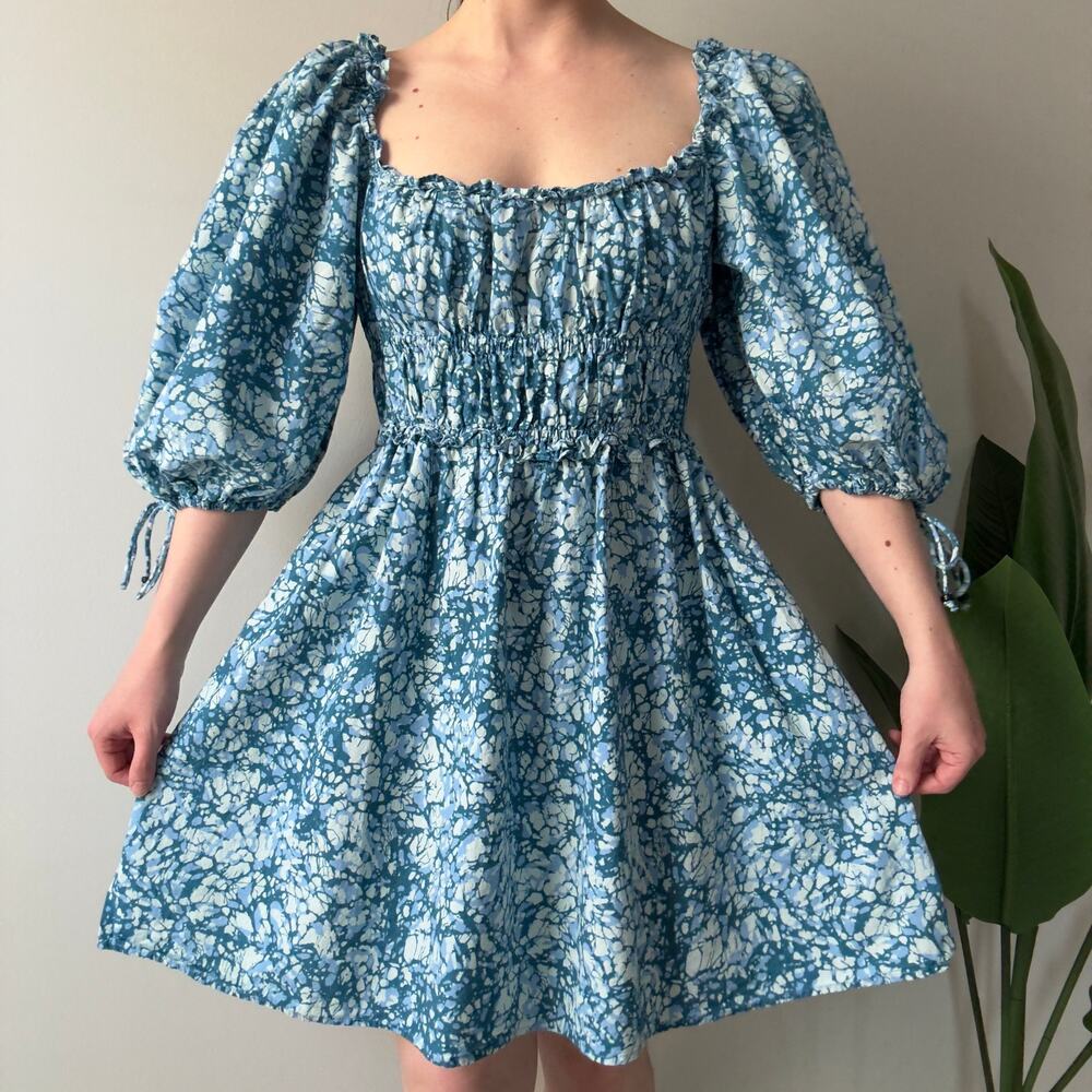 Revolve House of Harlow 1960 floral mini dress short bow balloon sleeve ruffle L